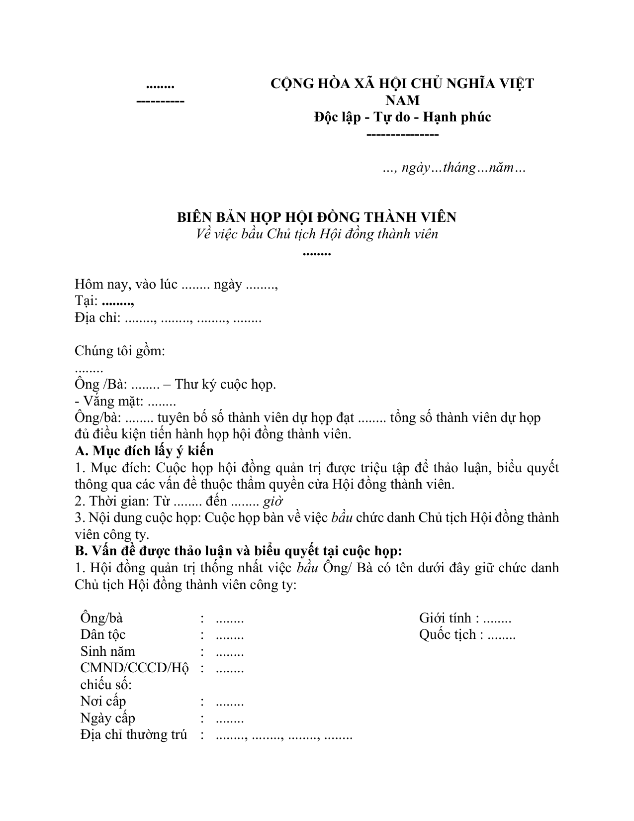 Mẫu biên bản họp bầu Chủ tịch Hội đồng Thành viên