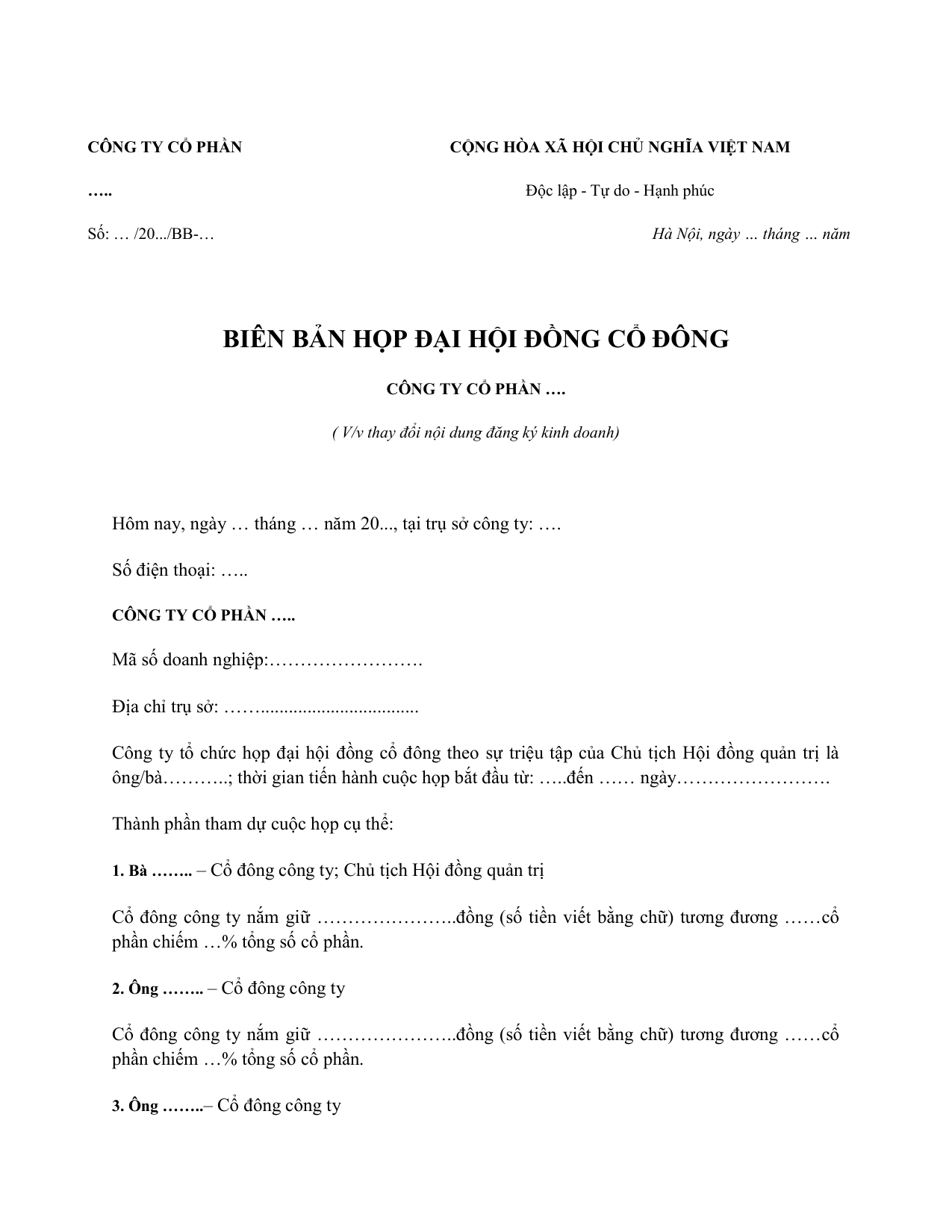 Mẫu biên bản họp cổ đông công ty cổ phần