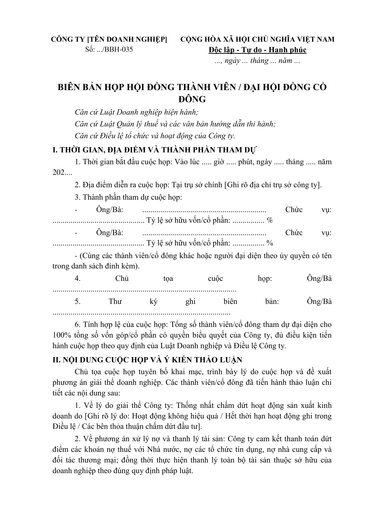 Mẫu biên bản họp quyết định giải thể của công ty