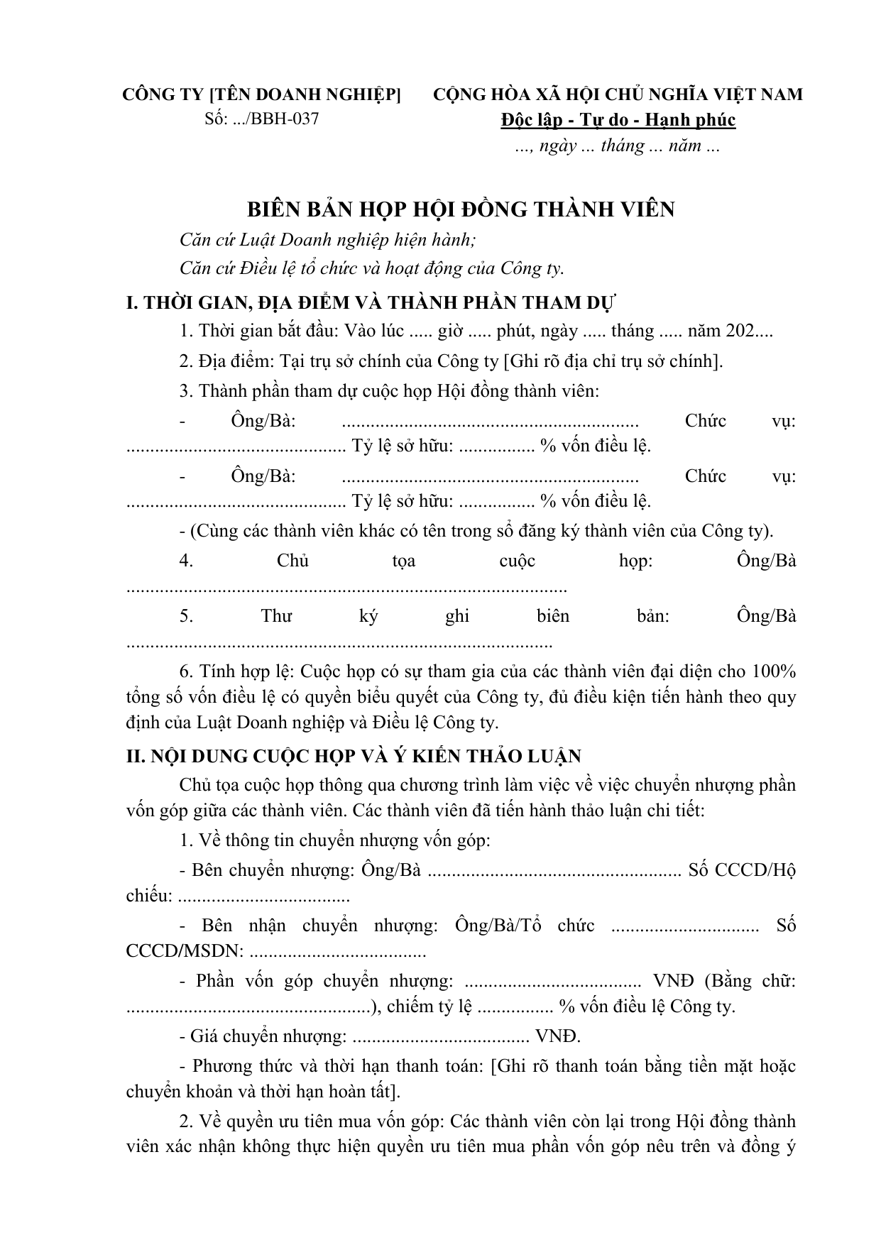 Mẫu biên bản họp về việc chuyển nhượng vốn góp