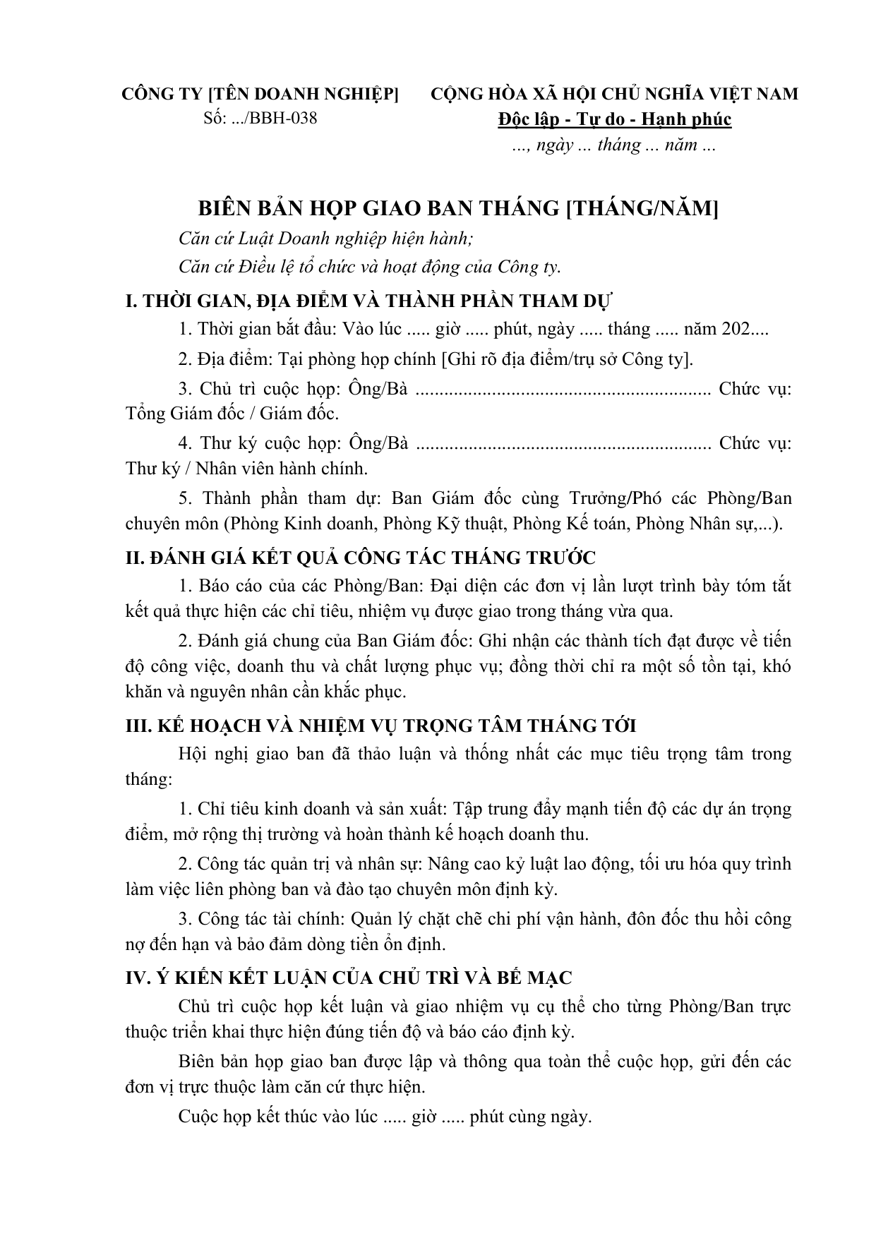 BIÊN BẢN HỌP GIAO BAN THÁNG [THÁNG/NĂM]
