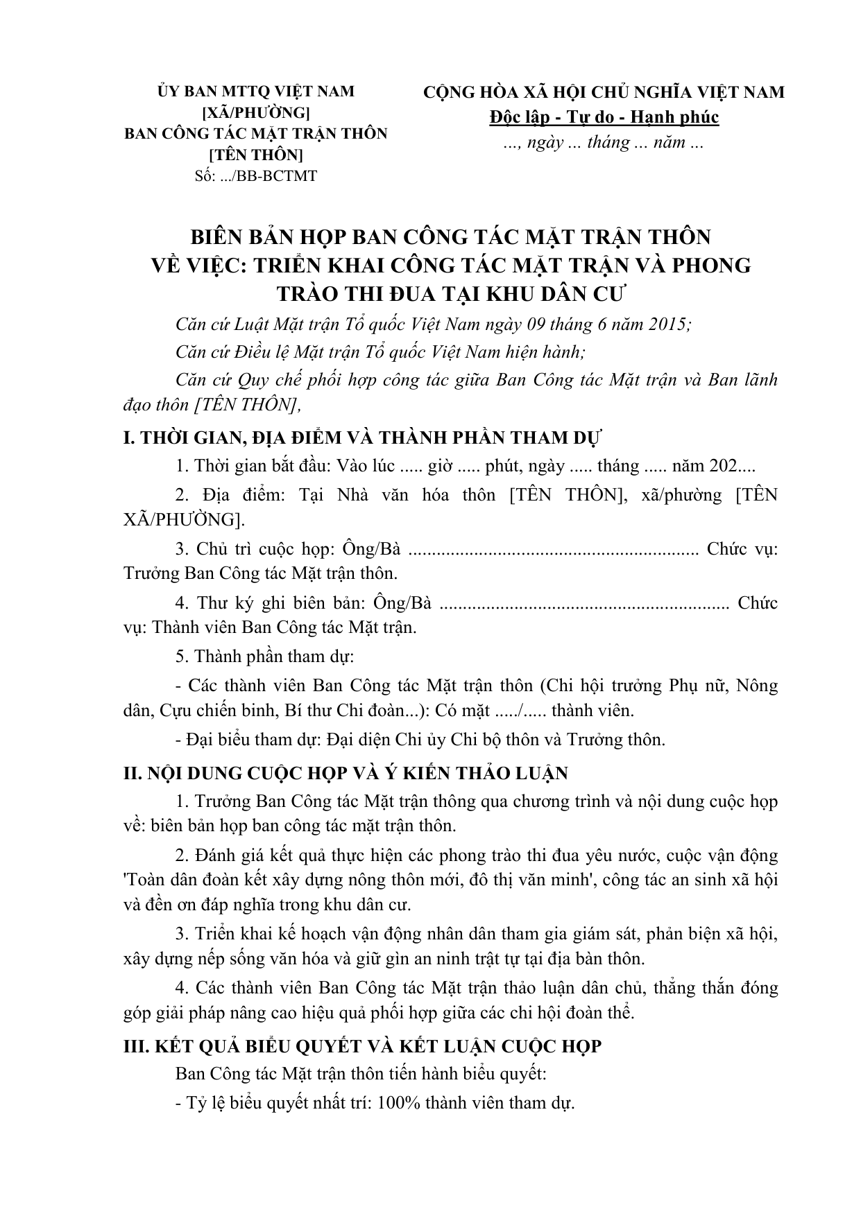 BIÊN BẢN HỌP BAN CÔNG TÁC MẶT TRẬN THÔN
Về việc: Triển khai công tác Mặt trận và phong trào thi đua tại khu dân cư