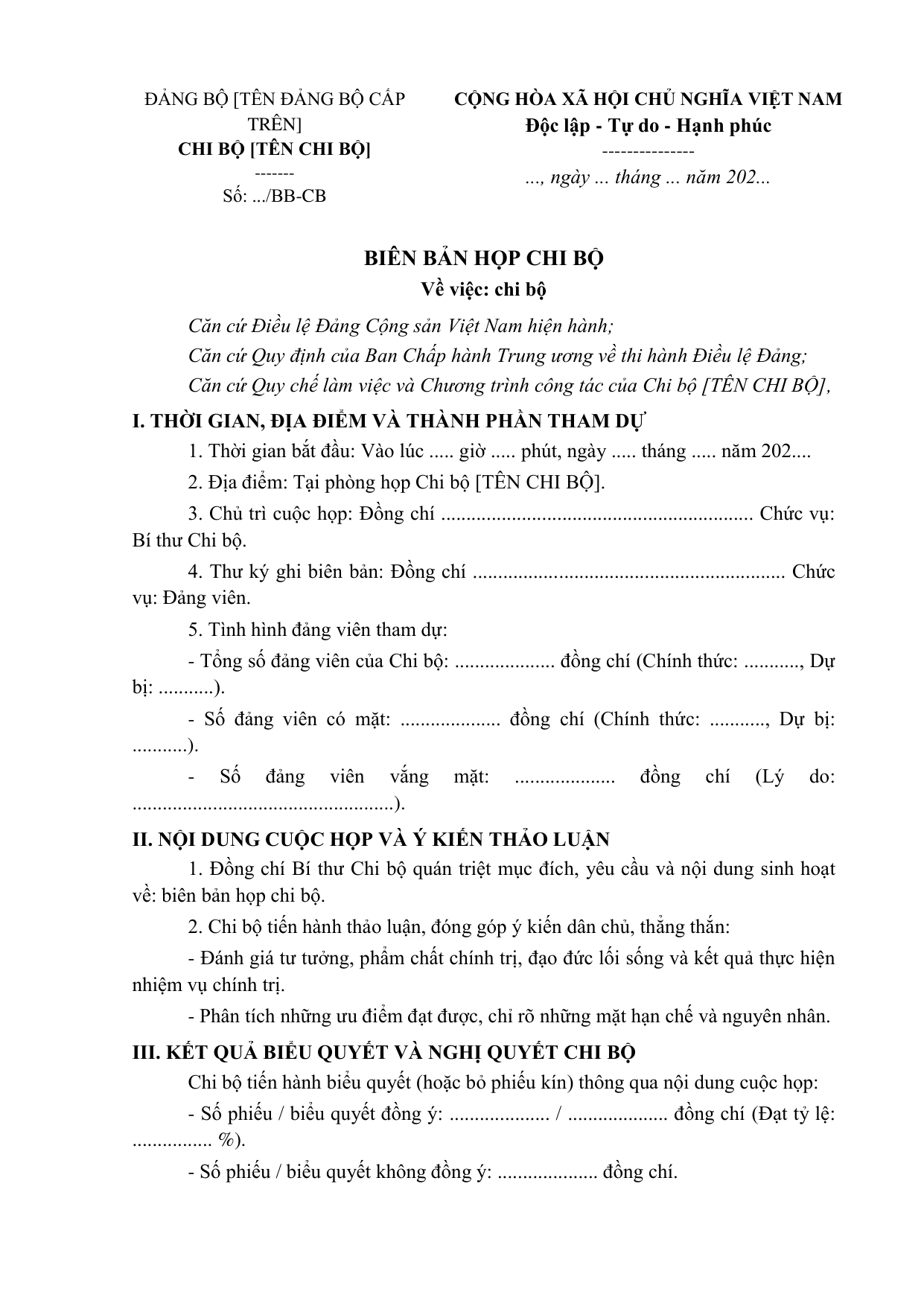 BIÊN BẢN HỌP CHI BỘ
Về việc: chi bộ