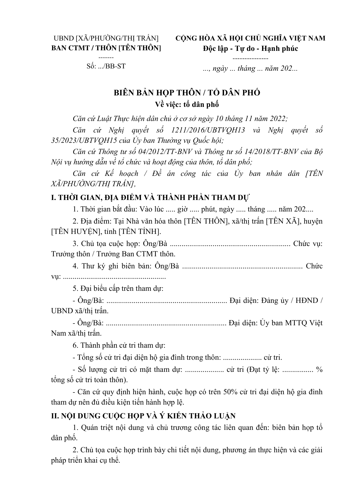 BIÊN BẢN HỌP THÔN / TỔ DÂN PHỐ
Về việc: tổ dân phố