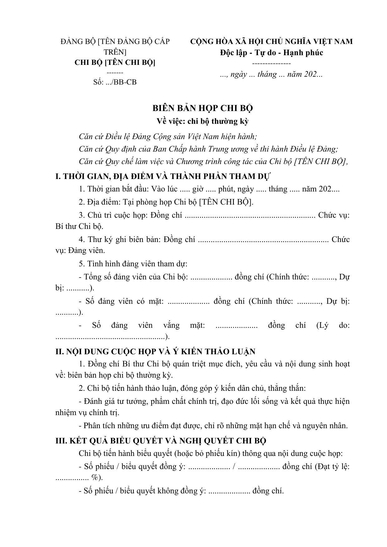 BIÊN BẢN HỌP CHI BỘ
Về việc: chi bộ thường kỳ