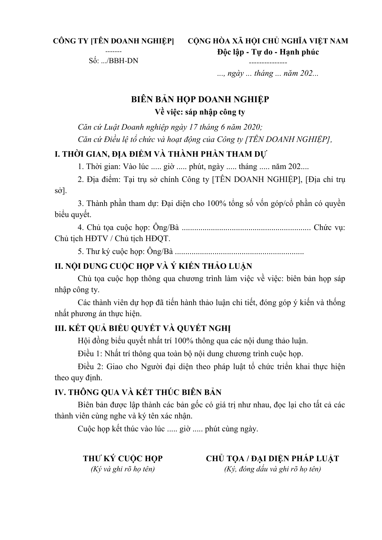 BIÊN BẢN HỌP DOANH NGHIỆP
Về việc: sáp nhập công ty