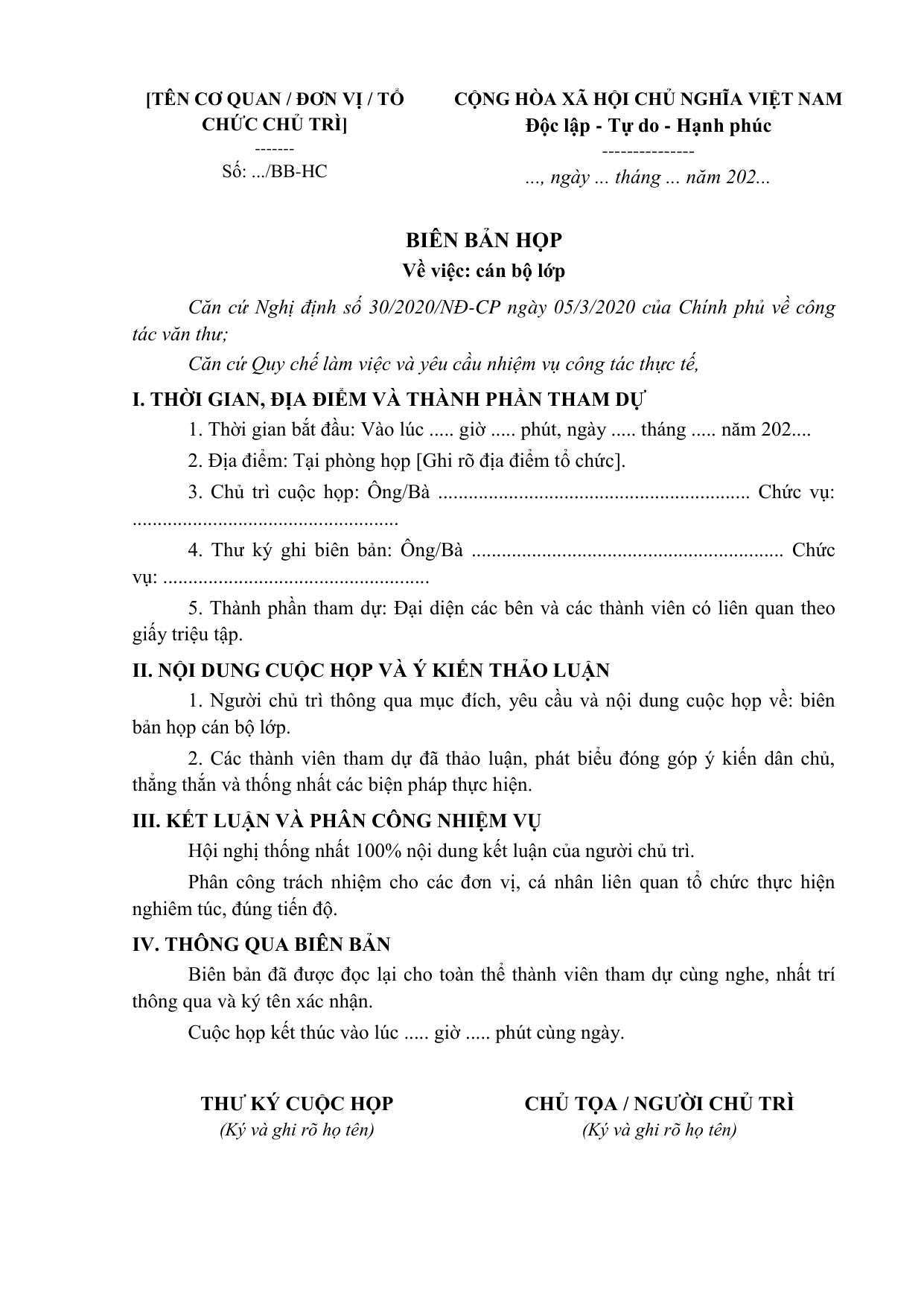 BIÊN BẢN HỌP
Về việc: cán bộ lớp