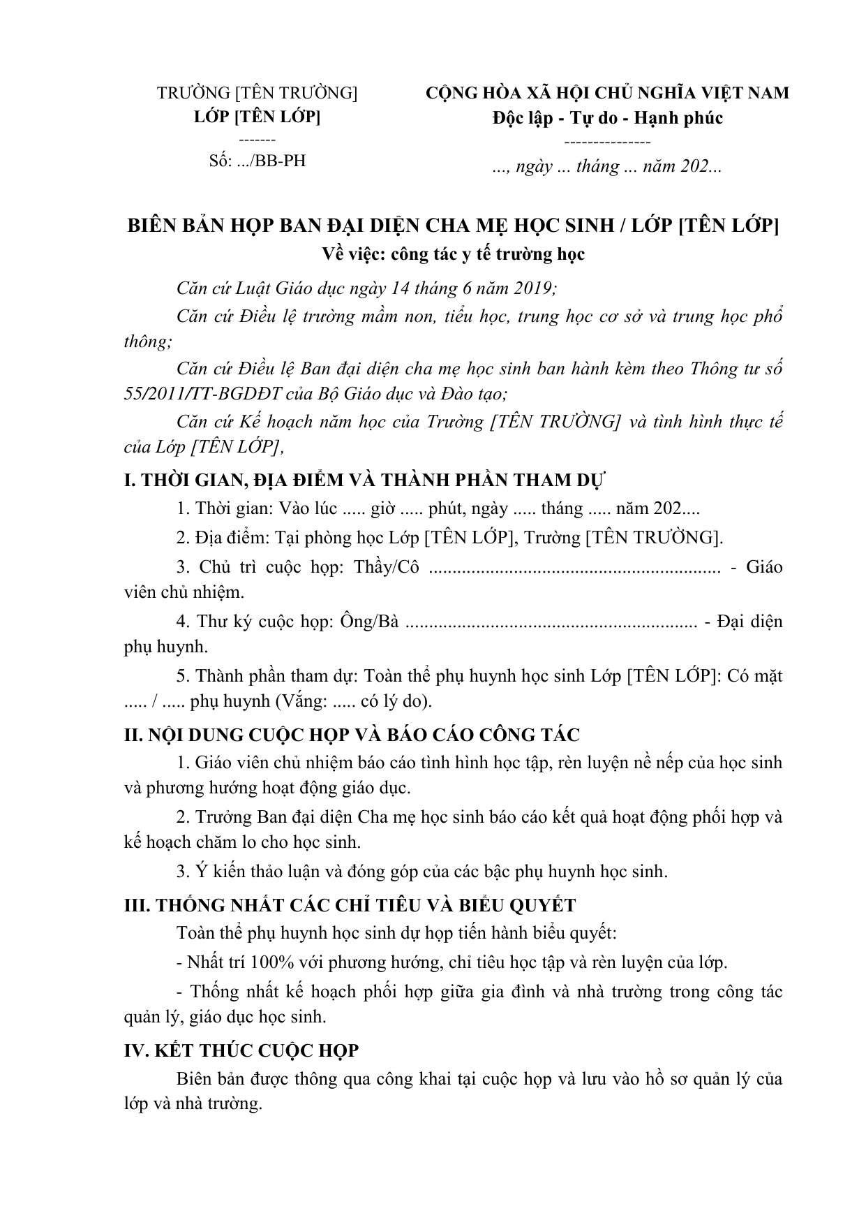 BIÊN BẢN HỌP BAN ĐẠI DIỆN CHA MẸ HỌC SINH / LỚP [TÊN LỚP]
Về việc: công tác y tế trường học