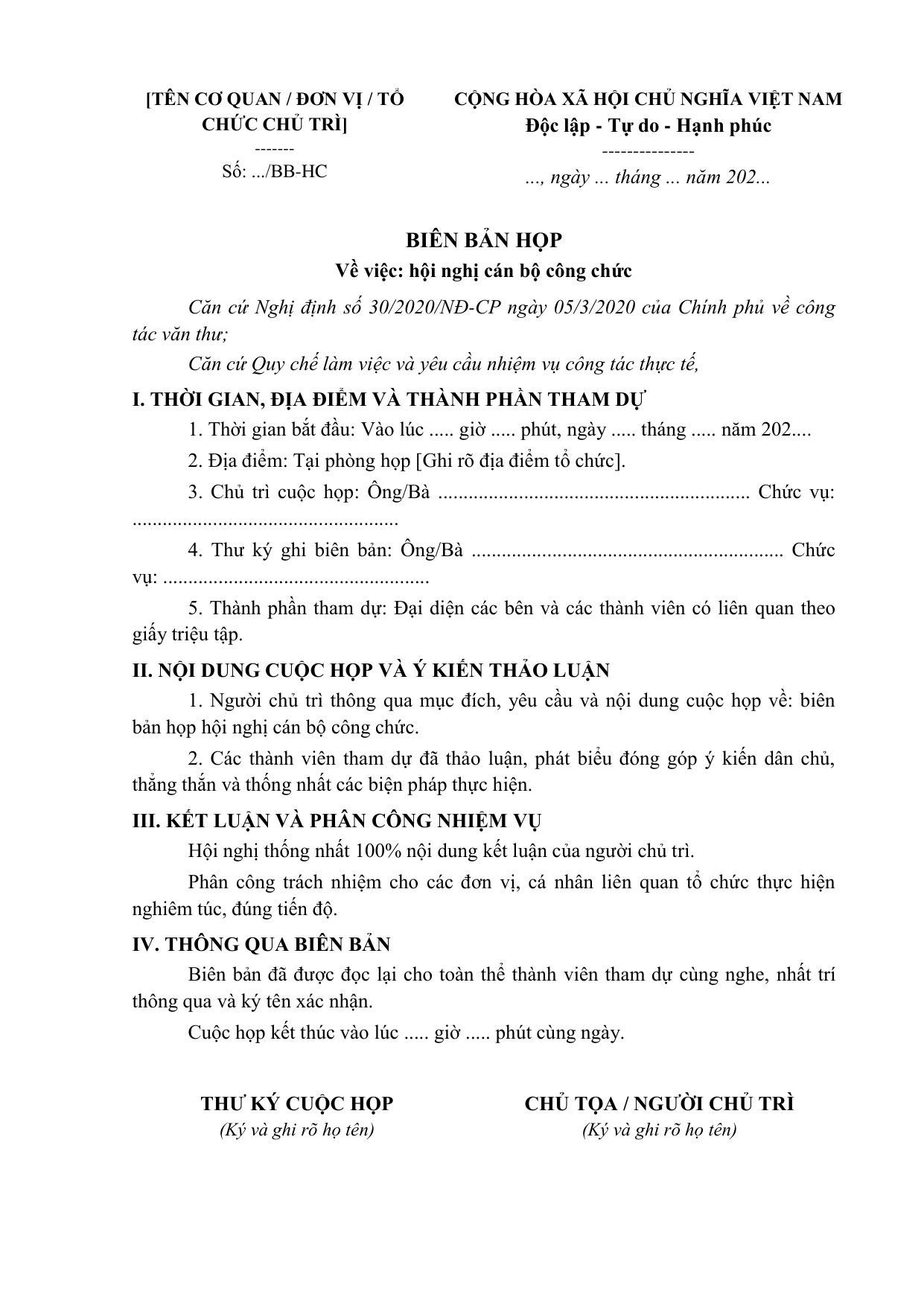 BIÊN BẢN HỌP
Về việc: hội nghị cán bộ công chức