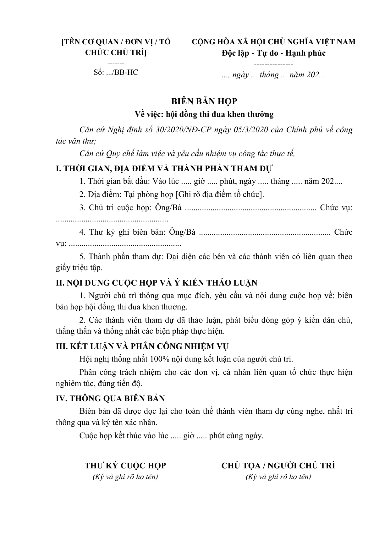 BIÊN BẢN HỌP
Về việc: hội đồng thi đua khen thưởng